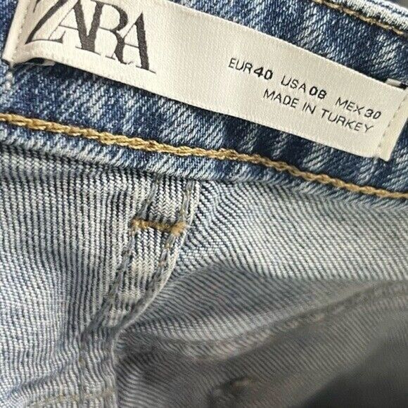 Zara Medium Wash High Rise Raw Hem Straight Leg Jeans 8 - Picture 4 of 4